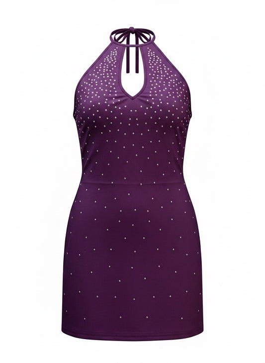 Purple Rhinestone Halter Mini Dress