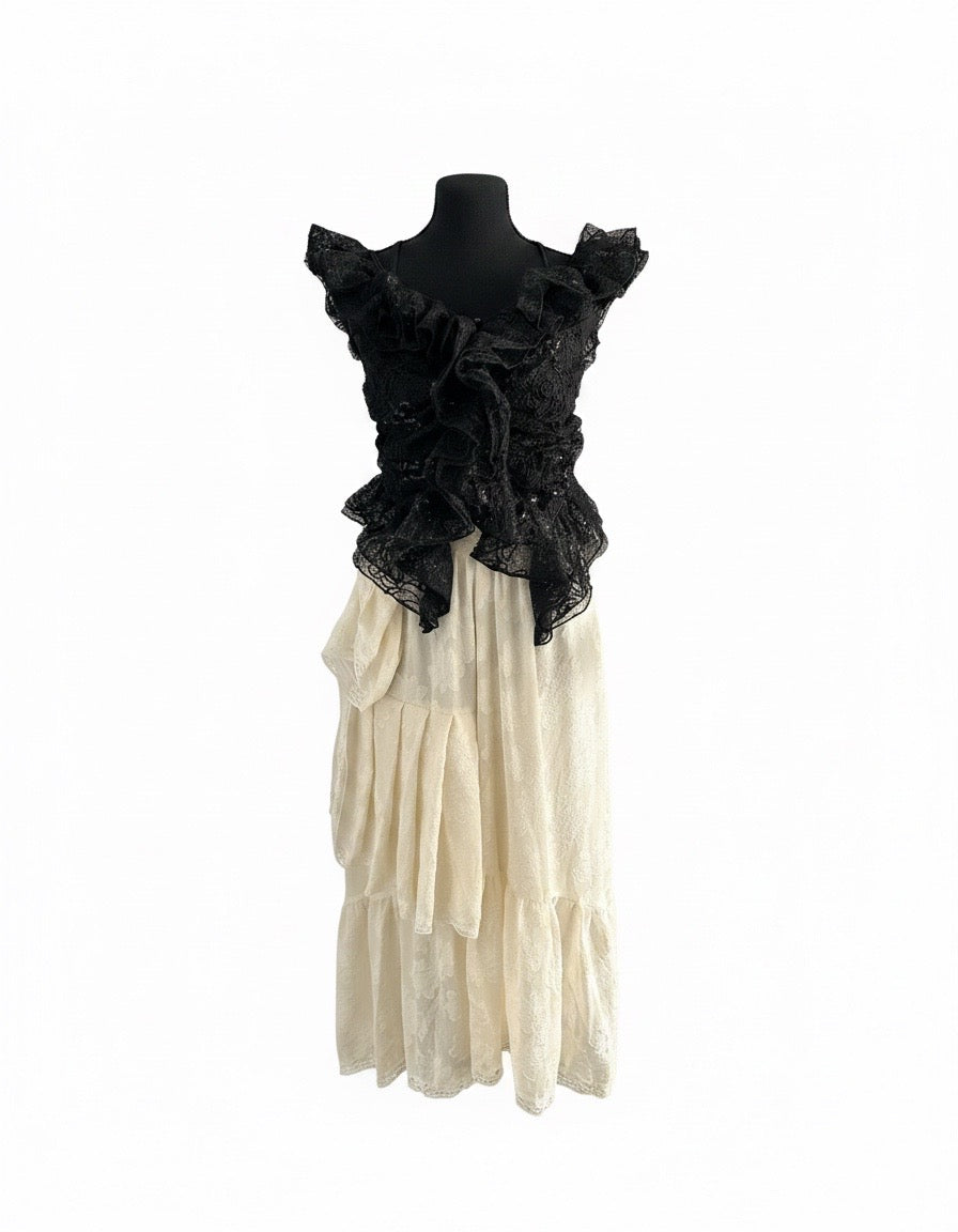 Midnight Elegance Ruffle Lace Midi Dress