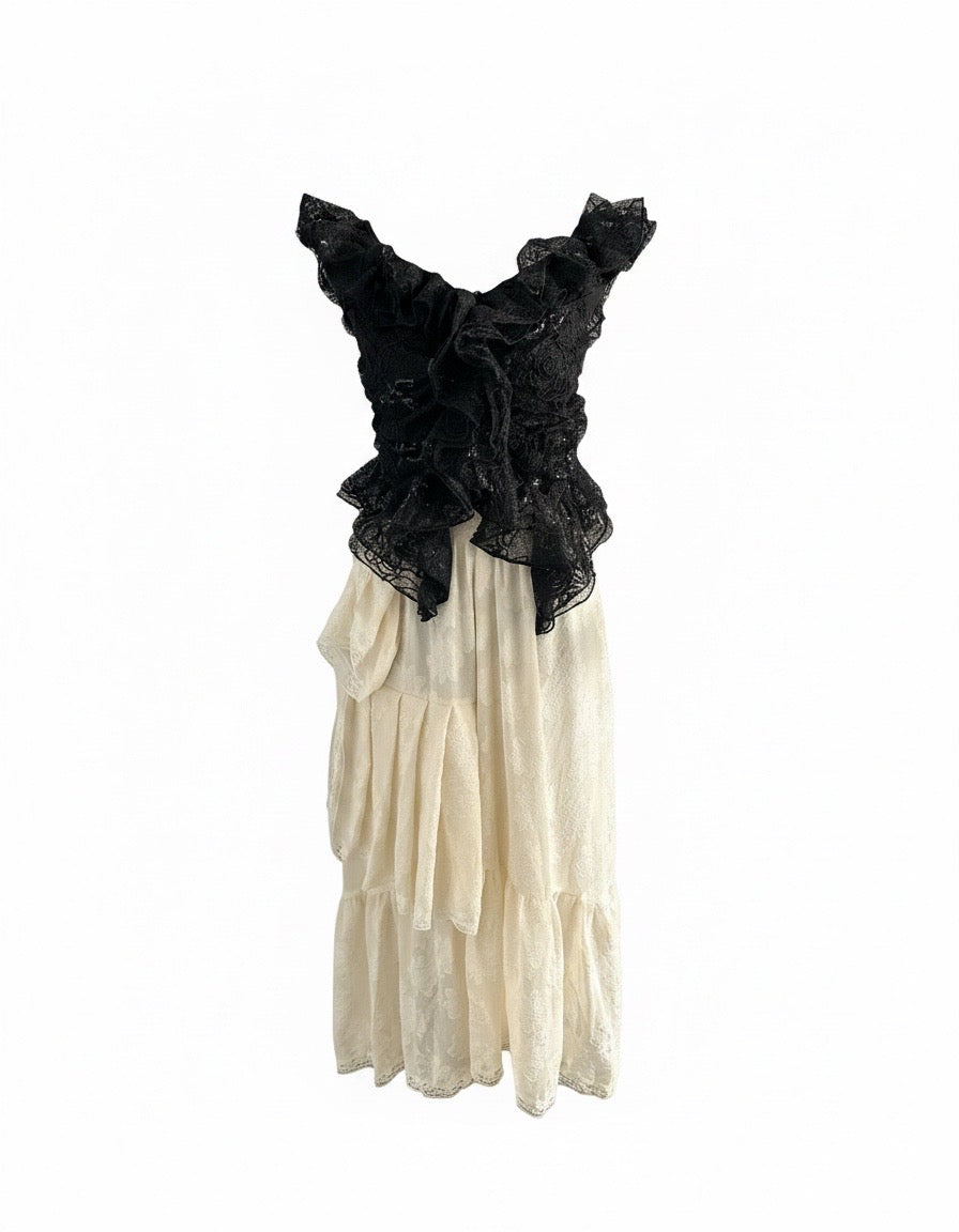 Midnight Elegance Ruffle Lace Midi Dress