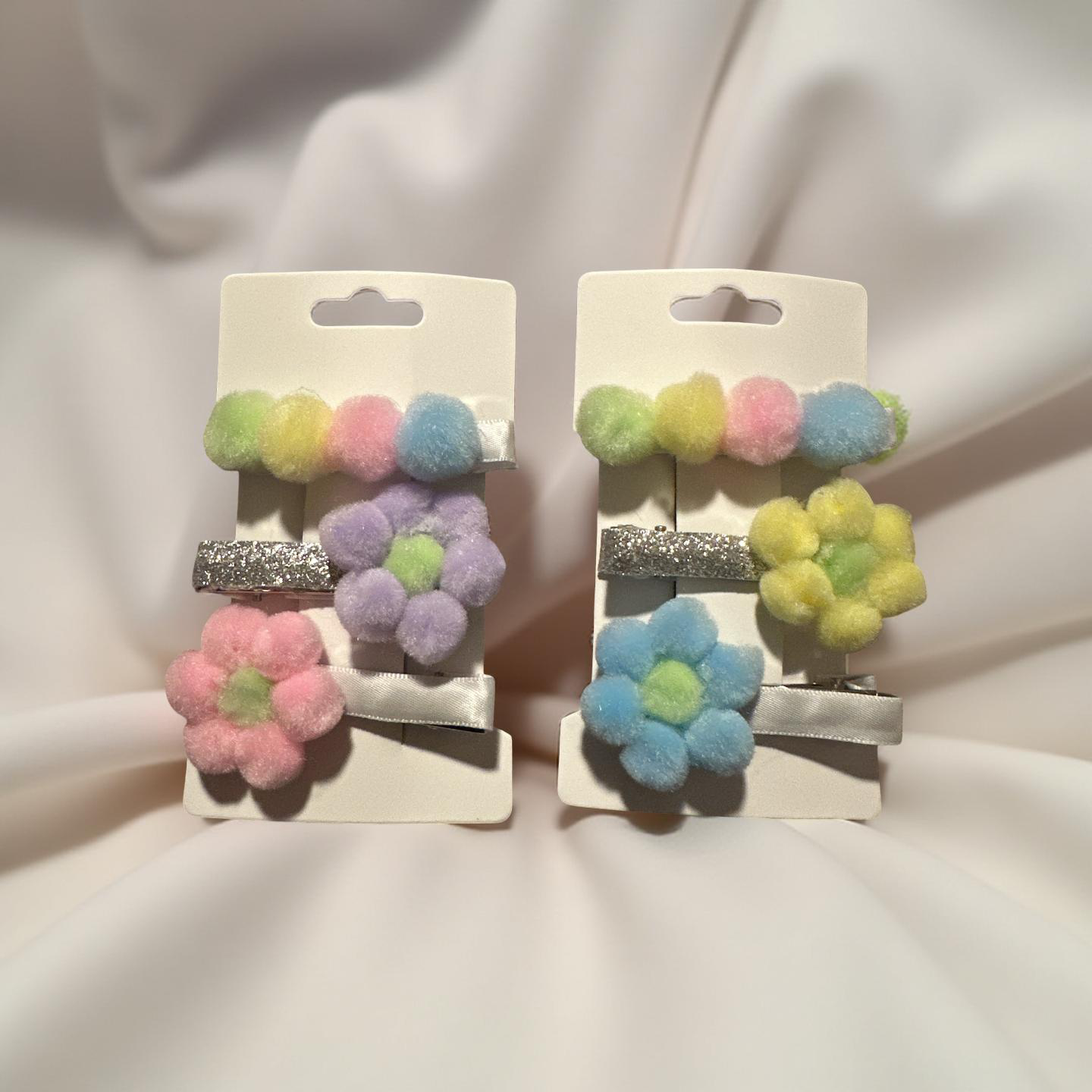 6pcs Hair Clips Pom Pom with Pastel Flower Design for Stylish Hair Accessory
