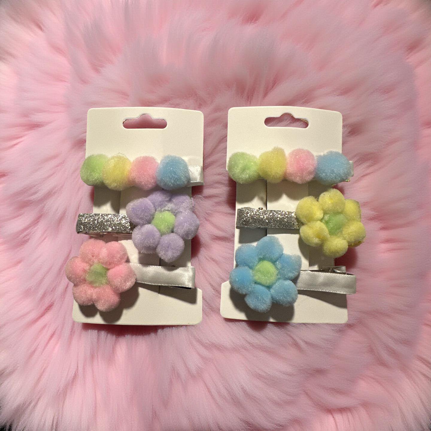 6pcs Hair Clips Pom Pom with Pastel Flower Design for Stylish Hair Accessory