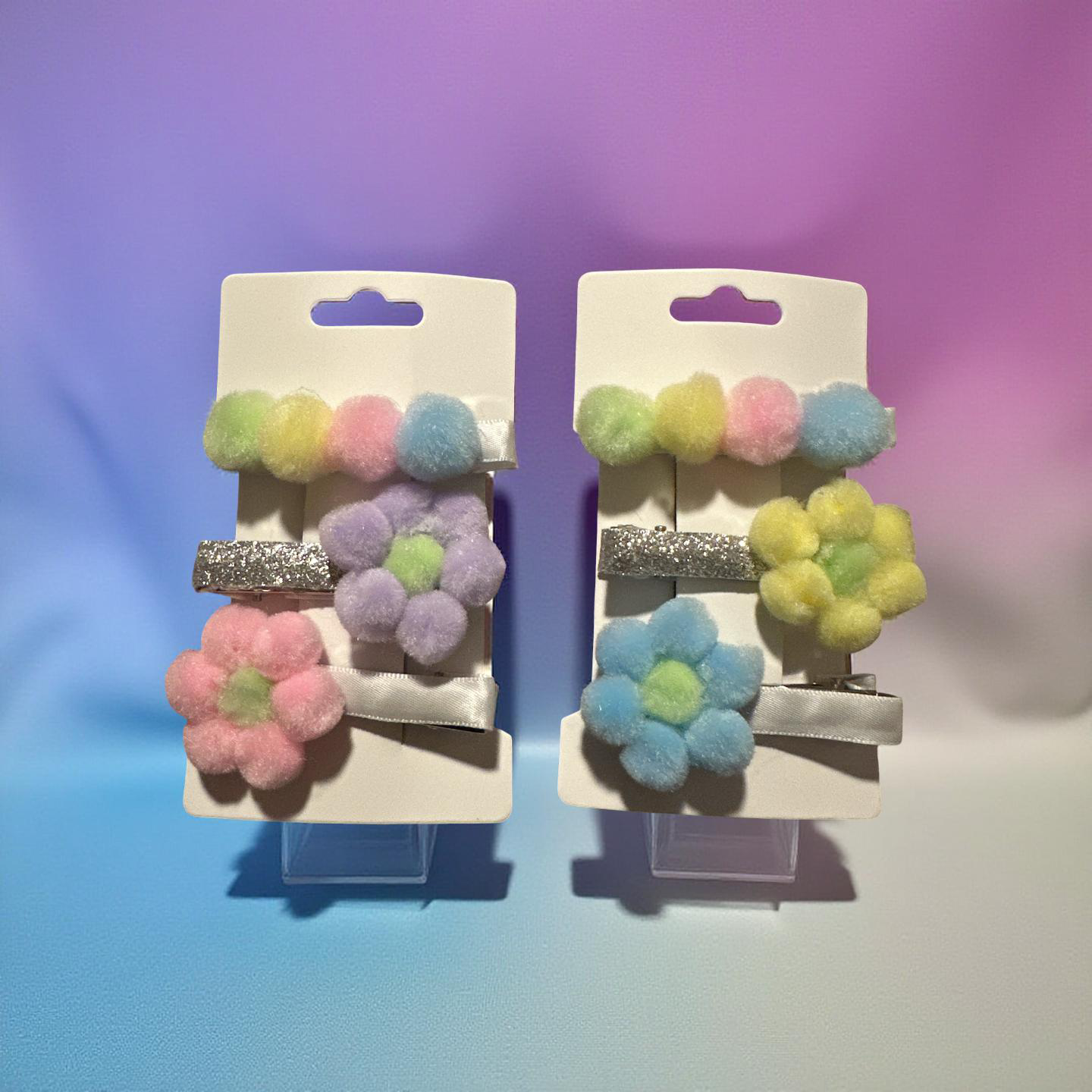 6pcs Hair Clips Pom Pom with Pastel Flower Design for Stylish Hair Accessory