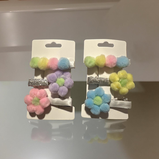 6pcs Hair Clips Pom Pom with Pastel Flower Design for Stylish Hair Accessory