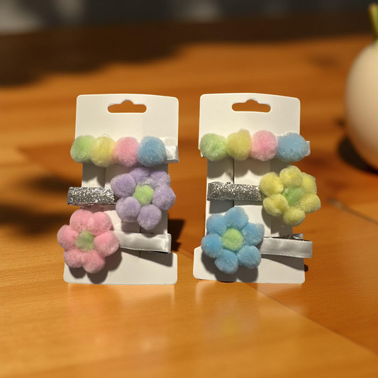 6pcs Hair Clips Pom Pom with Pastel Flower Design for Stylish Hair Accessory
