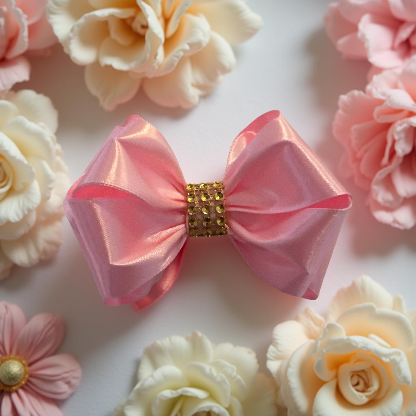 2pcs Soft Pink Satin Bow Adorned with Shimmery Gold Accents for Elegant Hair Accessories