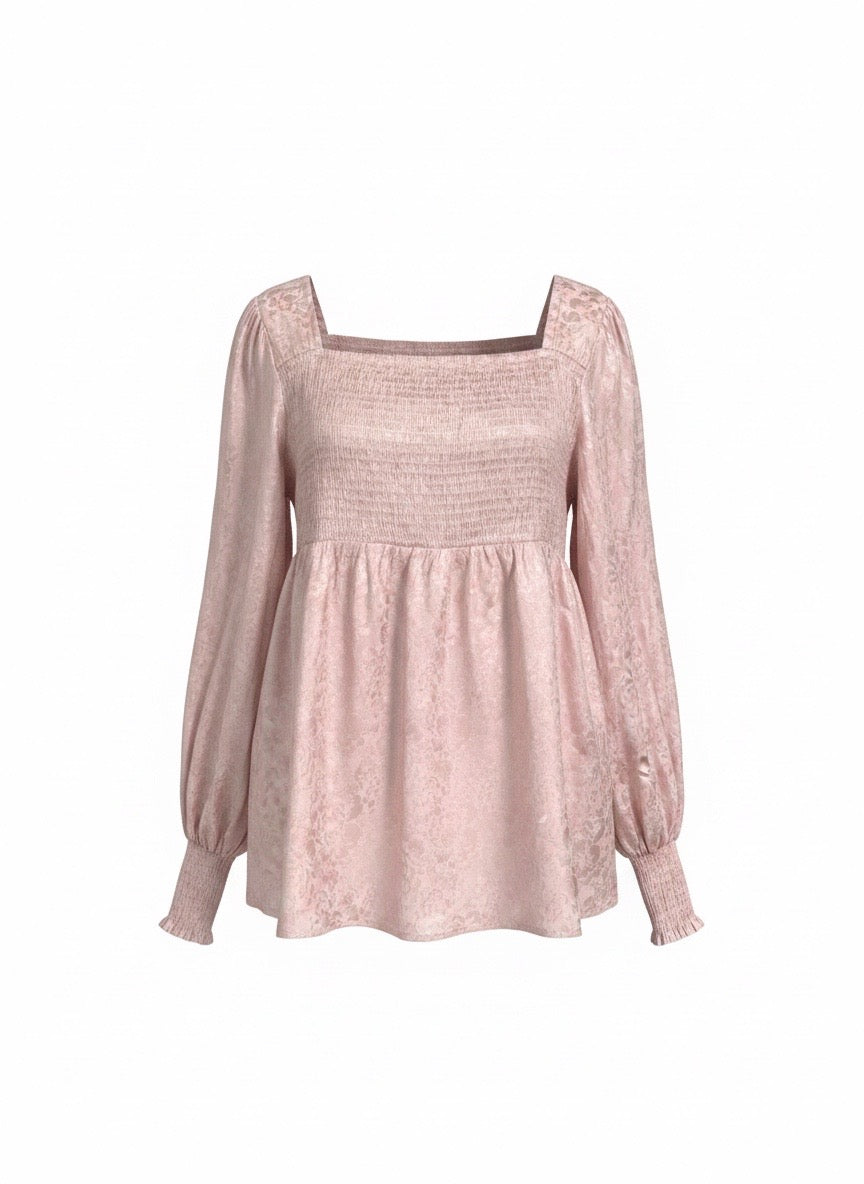 Blush Bloom Smocked Square-Neck Puff Sleeve Babydoll top