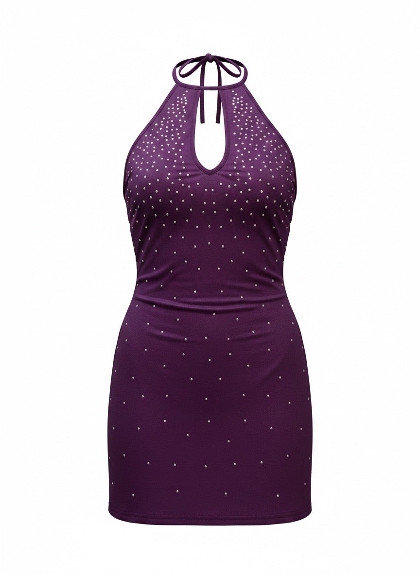 Purple Rhinestone Halter Mini Dress