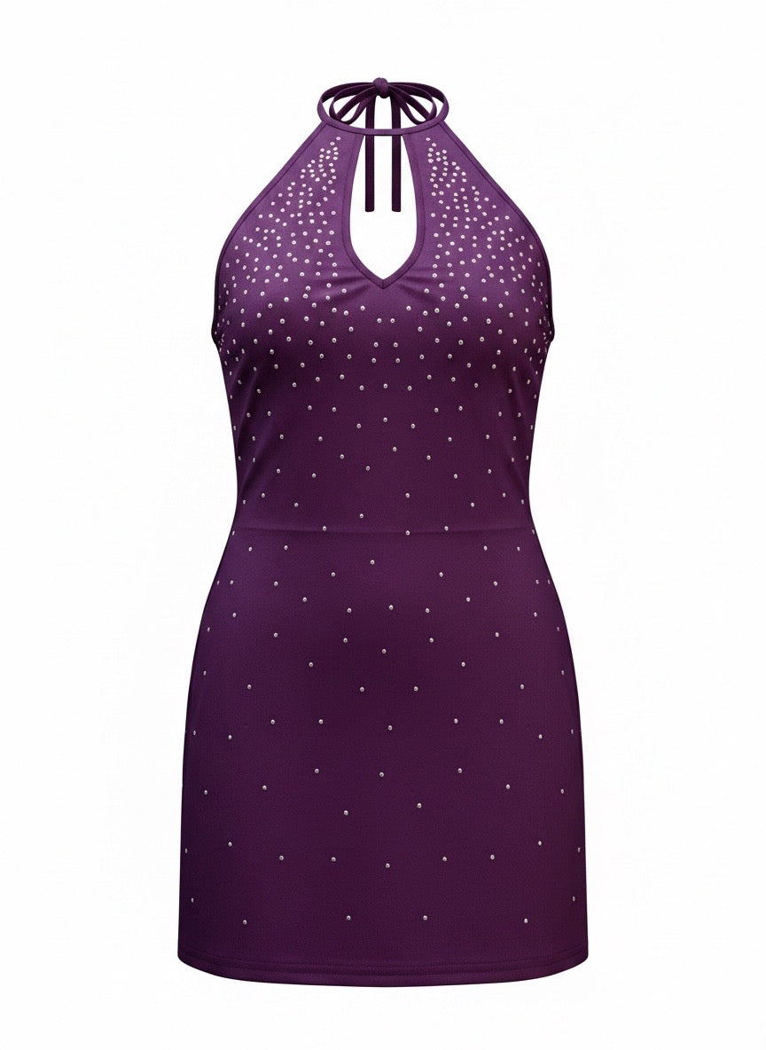Purple Rhinestone Halter Mini Dress